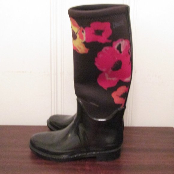 Cougar Tall Black Red Floral Rain Boots 7 Pretty! - Picture 2 of 12